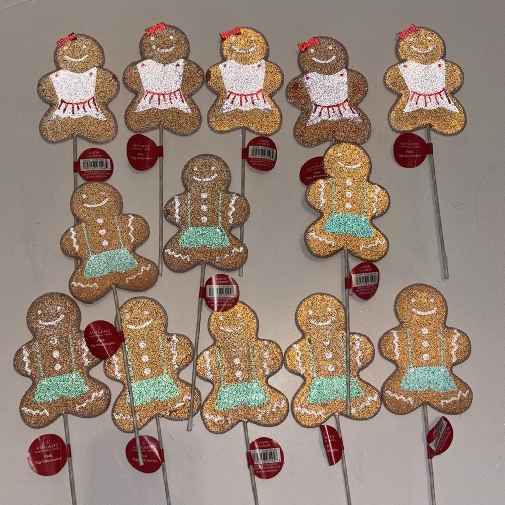 Gingerbread Man Picks Set of 13 Gingerbread Cookie Floral Tree Piks Glittery NWT